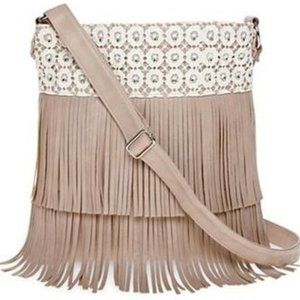 Olsenboye Fringed Crochet Cross Body Bag in Taupe